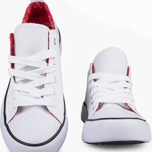 💜Twisted White & Red Paisley Double Tongue Sneakers Size 8